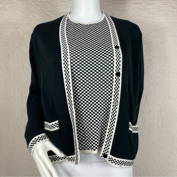🔥Talbots Made in Italy Black White Checker Cardigan Sweater Set Women Size S - Picture 2 of 15